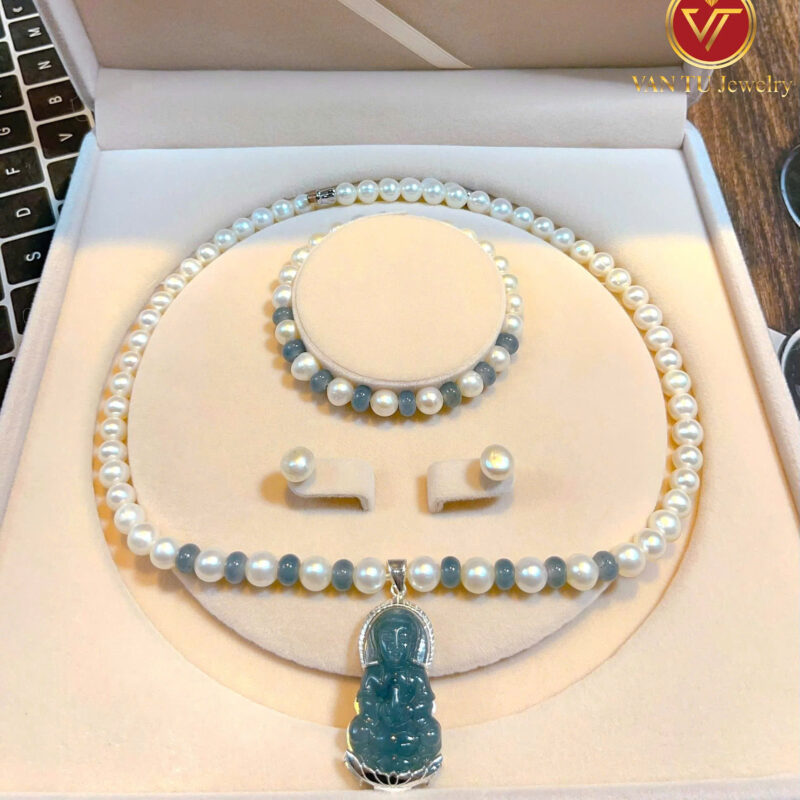 Bộ trai tròn đẹp 7-8li mix Mặt Phật lam ngọc bọc bạc